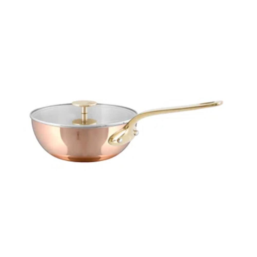 Mauviel M'TRIPLY B Polished Copper & Stainless Steel Curved Splayed Saute Pan With Glass Lid, Brass Handles, 3.3-Qt