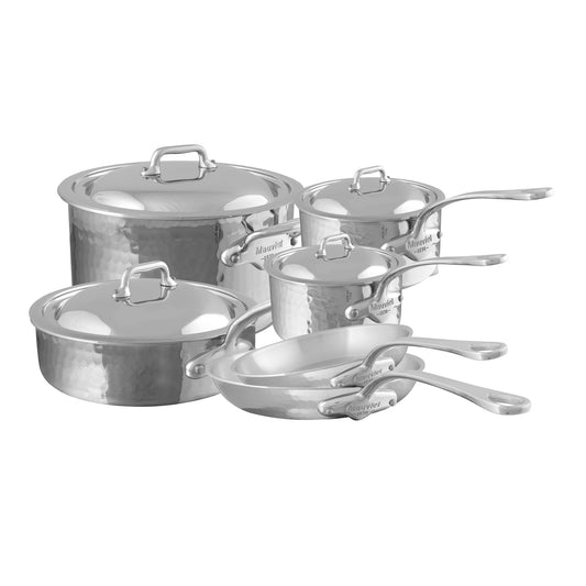 Mauviel M'ELITE Hammered 5-Ply 10-Piece Cookware Set With Cast Stainless Steel Handles And Curved Lid