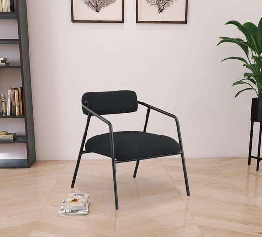 Carly Boucle Fabric Accent Chair – Modern Midcentury Design with Matte Black Frame & Bold Lines