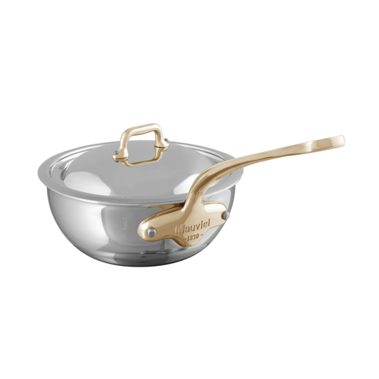 Mauviel M'COOK B 5-Ply Curved Splayed Saute Pan With Lid, Brass Handle, 3.4-Qt