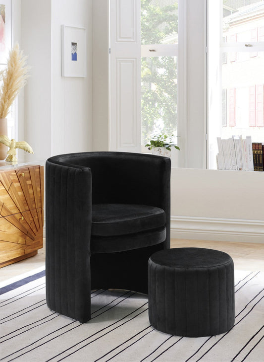 Selena Velvet Contemporary Accent Chair and Ottoman Set - Chic Barrel Design with Tufted Elegance