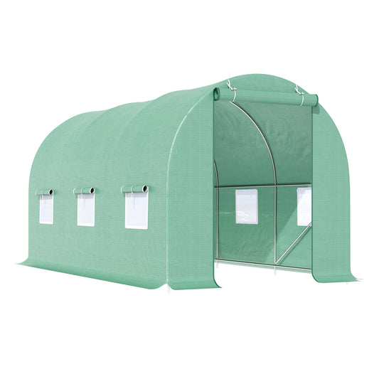 Outsunny Backyard Greenhouse 15 x 7 x 7 with Door Ventilation Windows Outdoor Tunnel Walk-In Garden Plant Growing House Green