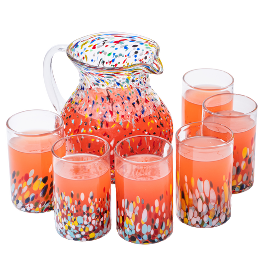 Hand Blown Mexican Drinking Glasses and Pitcher – Set of 6 (Confetti)