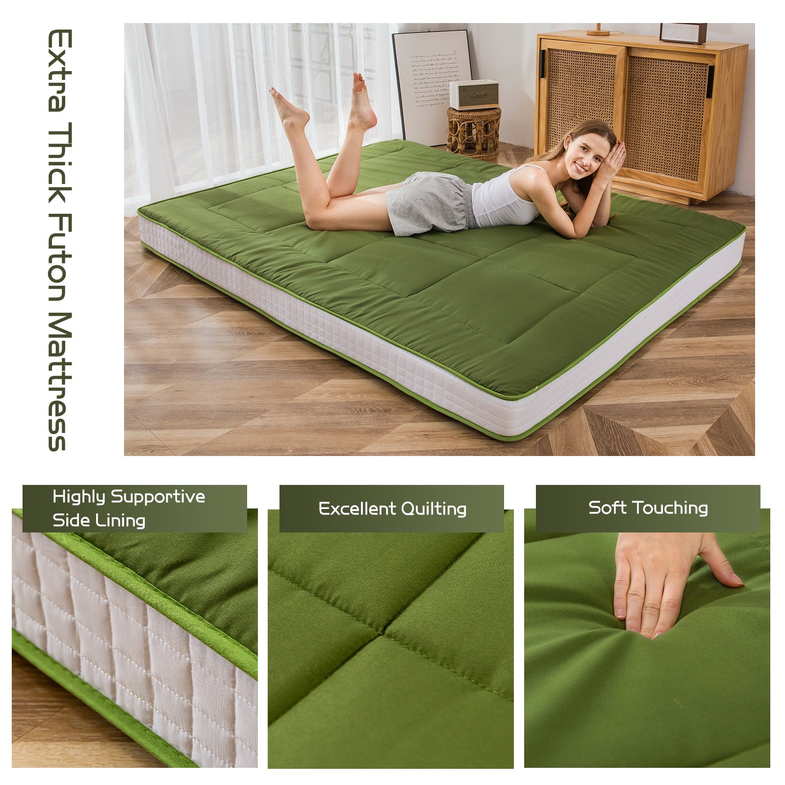 MAXYOYO Padded Japanese Floor Mattress, Green Foldable Roll Up Futon Mattress