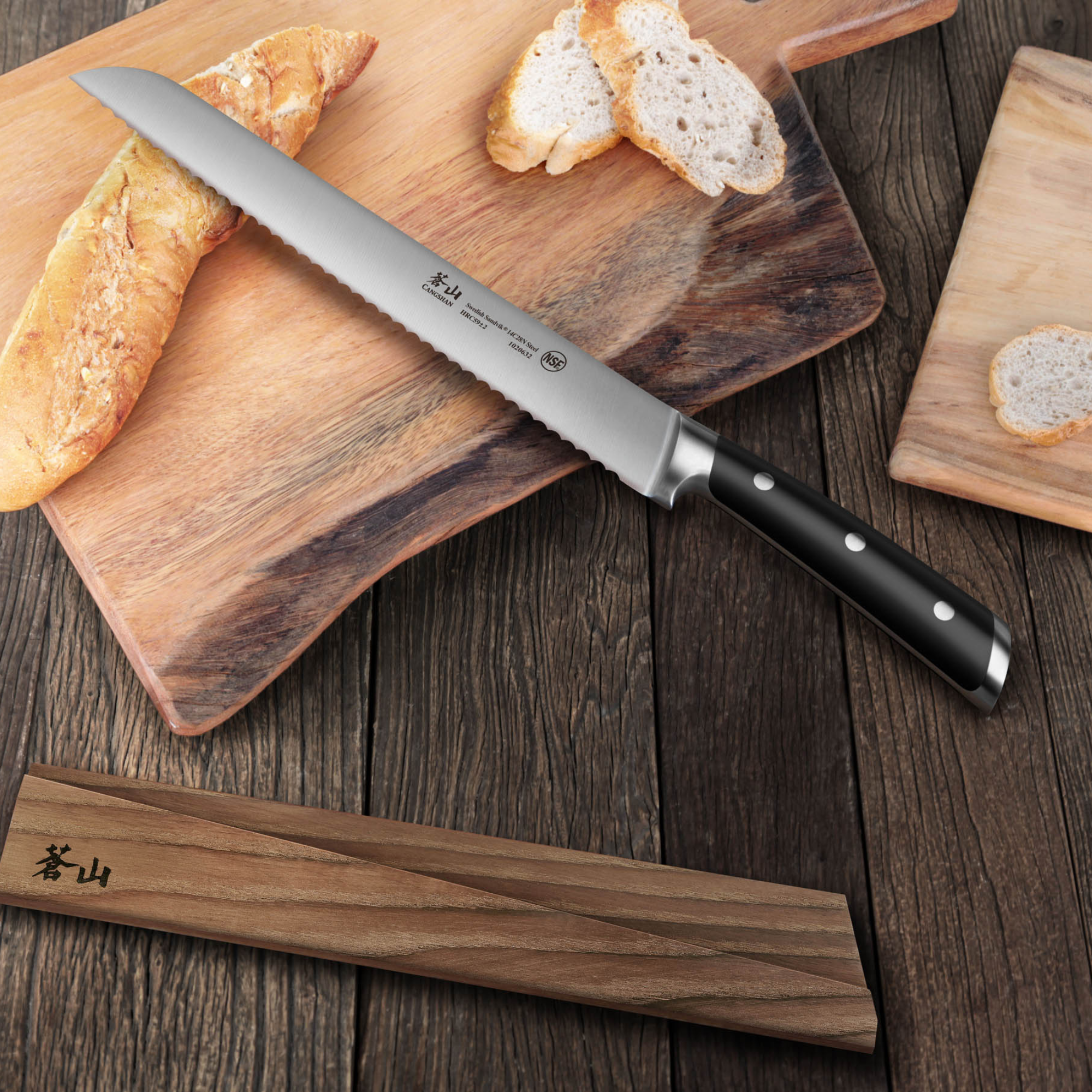 TS Series 10.25-Inch Bread Knife with Ash Wood Sheath, Forged Swedish 14C28N Steel, 1020649