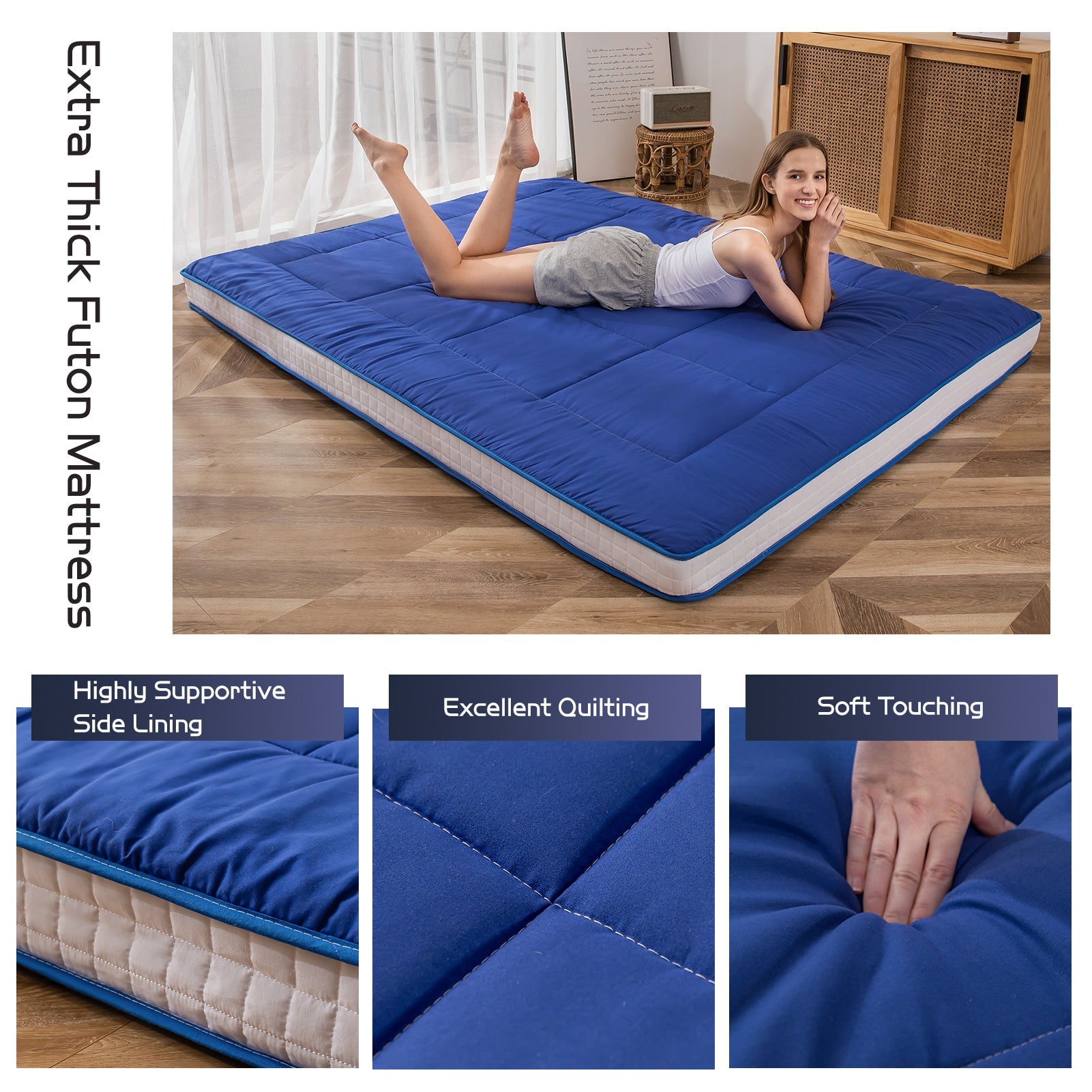 MAXYOYO Padded Japanese Floor Mattress, Royal Blue Futon Mattress Extra Thick Folding Sleeping Pad