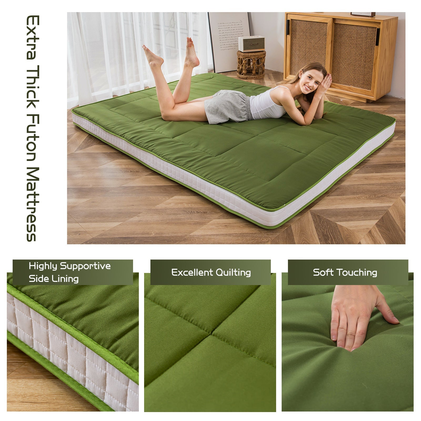 MAXYOYO Padded Japanese Floor Mattress, Green Foldable Roll Up Futon Mattress