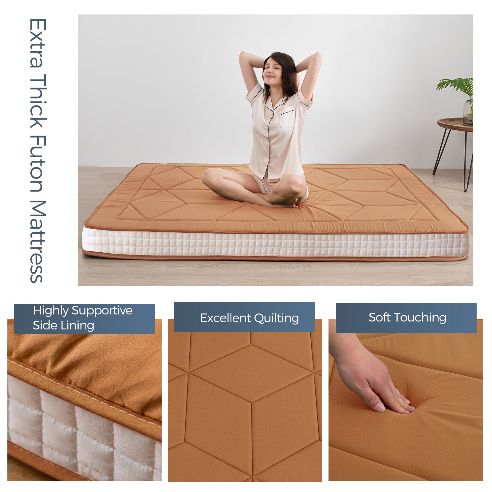 MAXYOYO 6" Extra Thick Japanese Futon Mattress with Rectangle Quilted, Stylish Floor Bed For Family, Light Brown