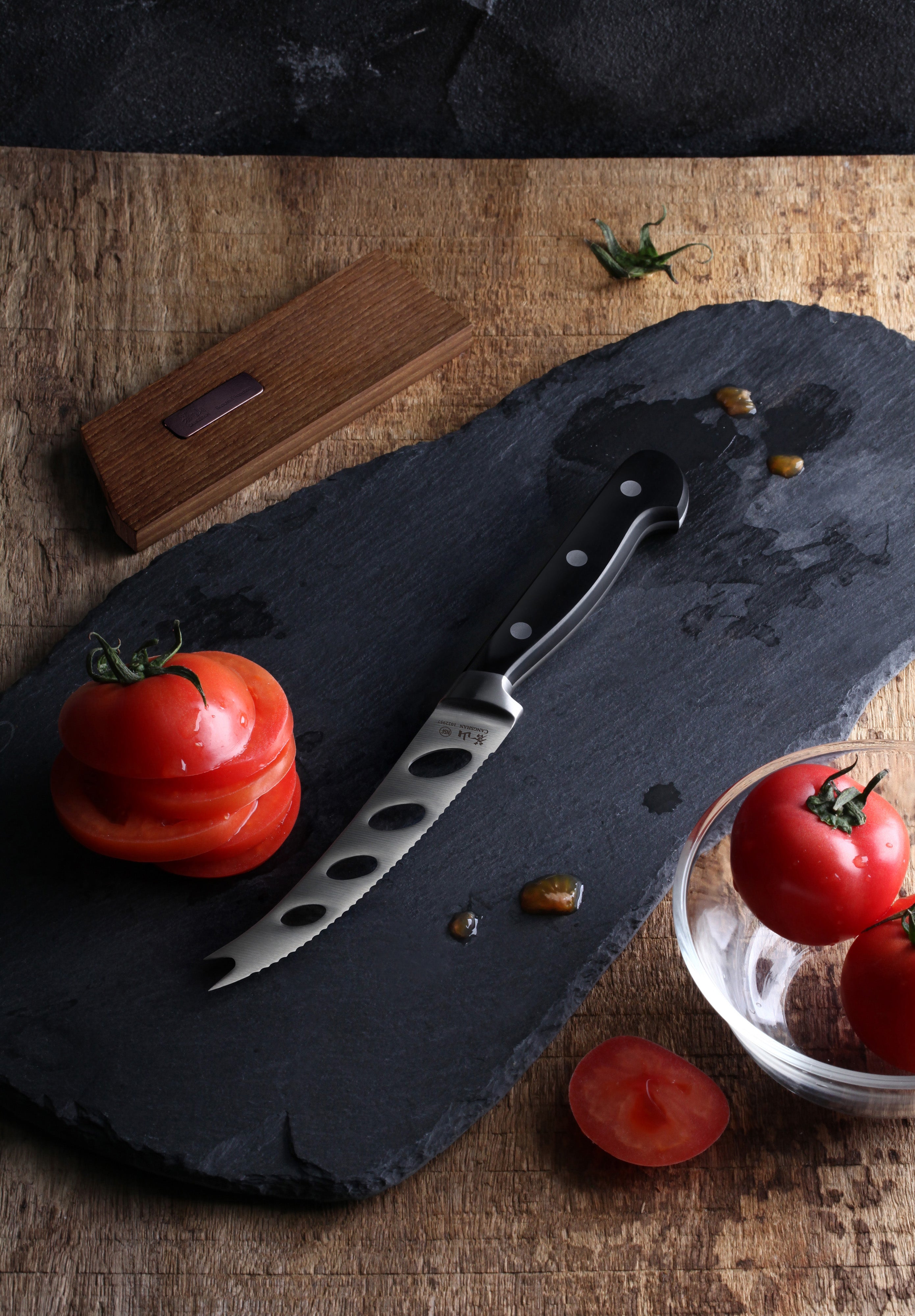 TV2 Series 5-Inch Tomato/Cheese Knife with Wood Sheath, Forged Swedish 14C28N Steel, 1022964