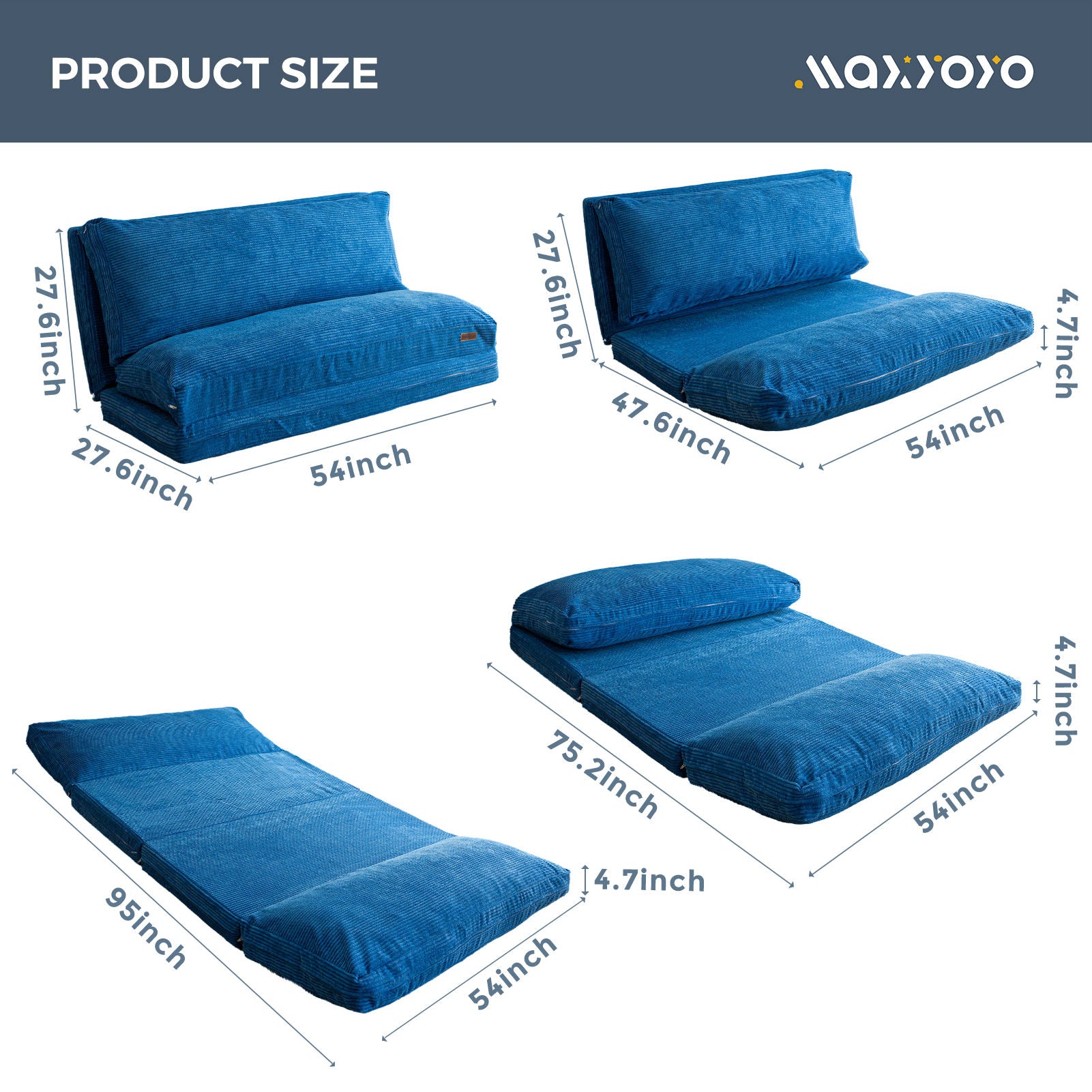 MAXYOYO Bean Bag Folding Sofa Bed with Corduroy Washable Cover, Extra Thick and Long Floor Sofa for Adults, Blue