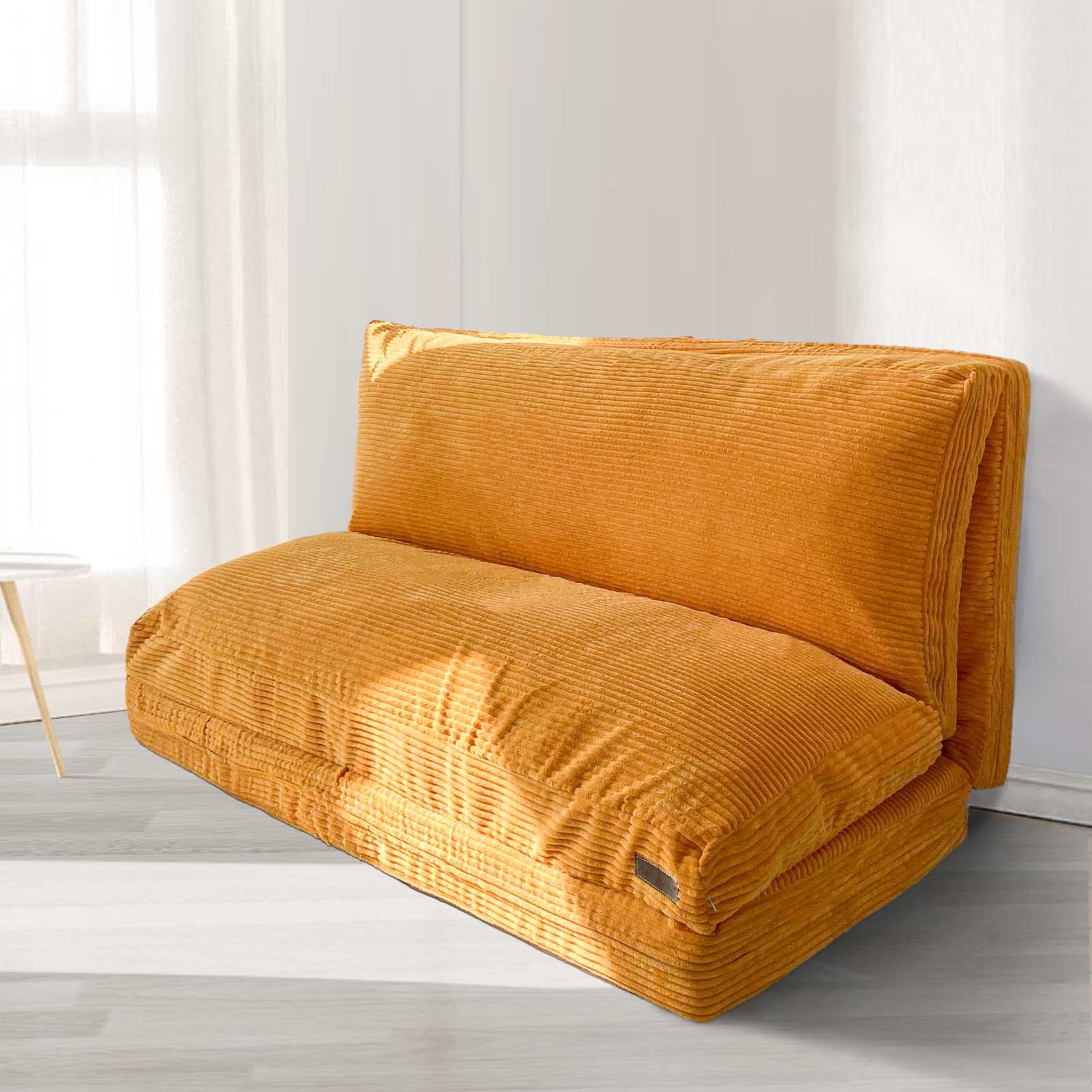 MAXYOYO Bean Bag Folding Sofa Bed with Corduroy Washable Cover, Extra Thick and Long Floor Sofa for Adults, Orange