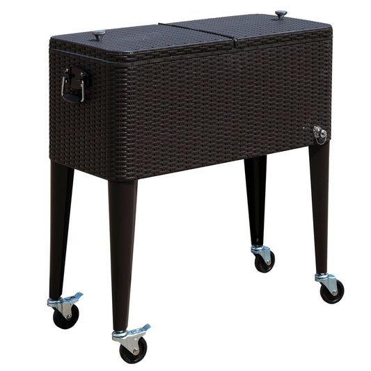 Outsunny 80 QT Rolling Cooling Bins Ice Chest on Wheels Outdoor Stand Up Drink Cooler Cart for Party, Dark Brown Wicker