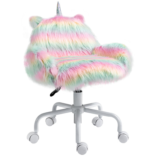 Homcom Fluffy Unicorn Vanity Office Chair with Rainbow Swivel Mid-Back Armrest and Nylon Casters Colorful