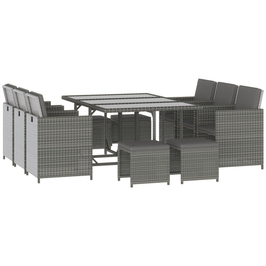Outsunny 11 Pieces Patio Wicker Dining Sets, Space Saving Outdoor Sectional Conversation Set w/ Dining Table, Ottoman and Chair for Lawn, Dark Grey