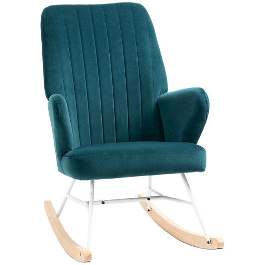 HOMCOM Accent Rocking Chairs, Upholstered Nursery Glider Rocker, Modern Armchair, Wingback Chair for Living Room and Bedroom, Blue
