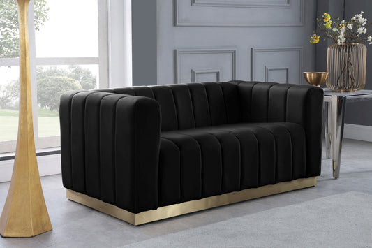 Marlon Velvet Loveseat - Chic Channel Tufted Seating with Gold Stainless Steel Base for Modern Homes