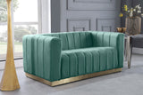 Marlon Velvet Loveseat - Chic Channel Tufted Seating with Gold Stainless Steel Base for Modern Homes