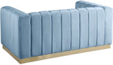 Marlon Velvet Loveseat - Chic Channel Tufted Seating with Gold Stainless Steel Base for Modern Homes