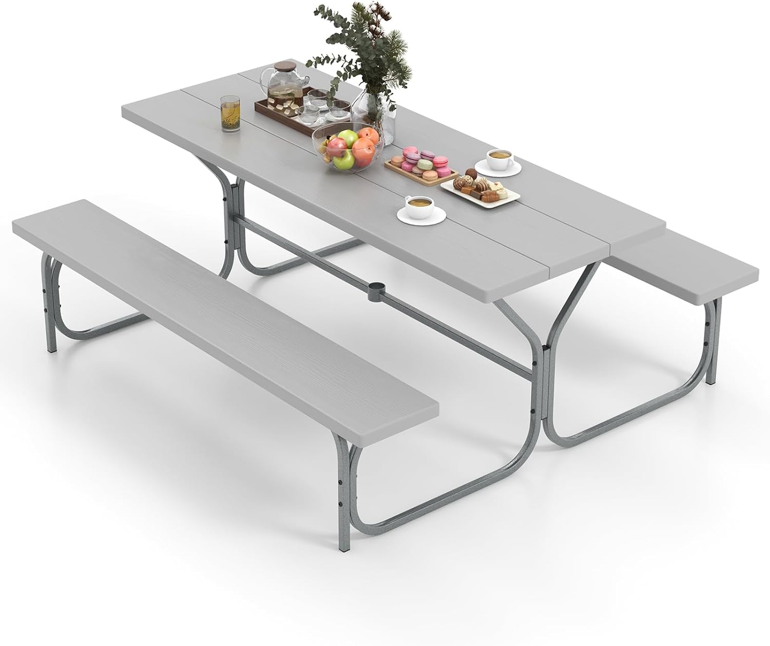 Tangkula 6 Ft Picnic Table, Outdoor Picnic Table with 2 Built-in Benches, Umbrella Hole, Metal Frame & HDPE Tabletop