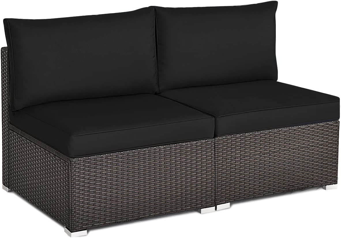 Tangkula 2 PCS Outdoor Wicker Armless Sofa, Patio Rattan Sectional Sofa Set w/2 Thick Cushions and 2 Pillows