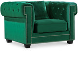 Bowery Contemporary Chair with Tufted Velvet Upholstery, Chrome Nailheads, and Cozy Throw Pillows