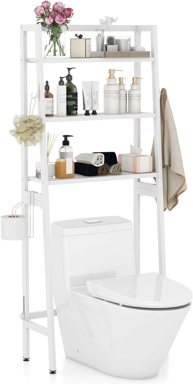 Tangkula Over-The-Toilet Storage Rack, 3-Tier Freestanding Bathroom Space Saver Shelf w/ 2 Hanging Hooks