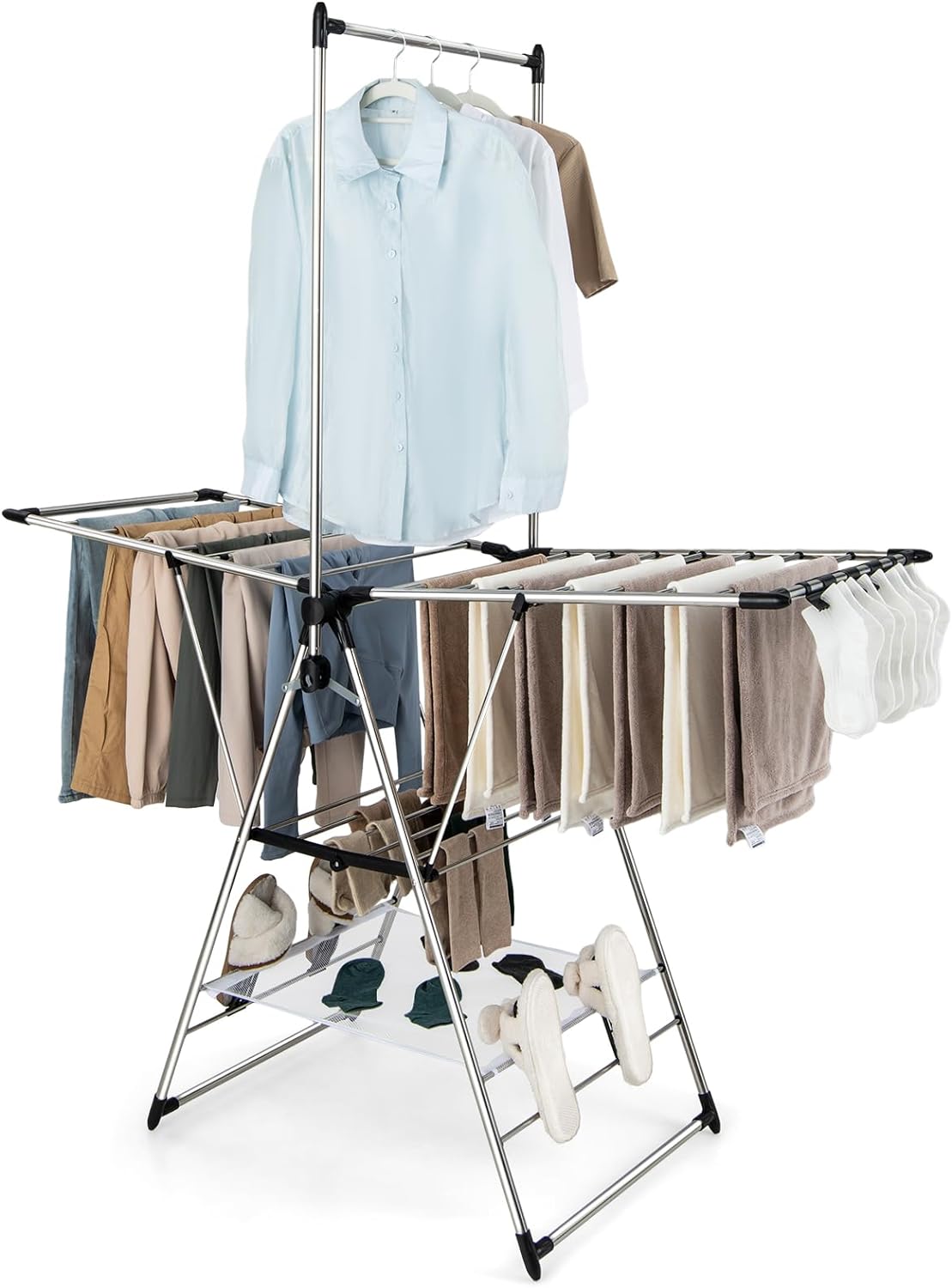 Tangkula 2-Level Clothes Drying Rack, Foldable Drying Hanger w/ Height-Adjustable Gullwing, Steel Frame