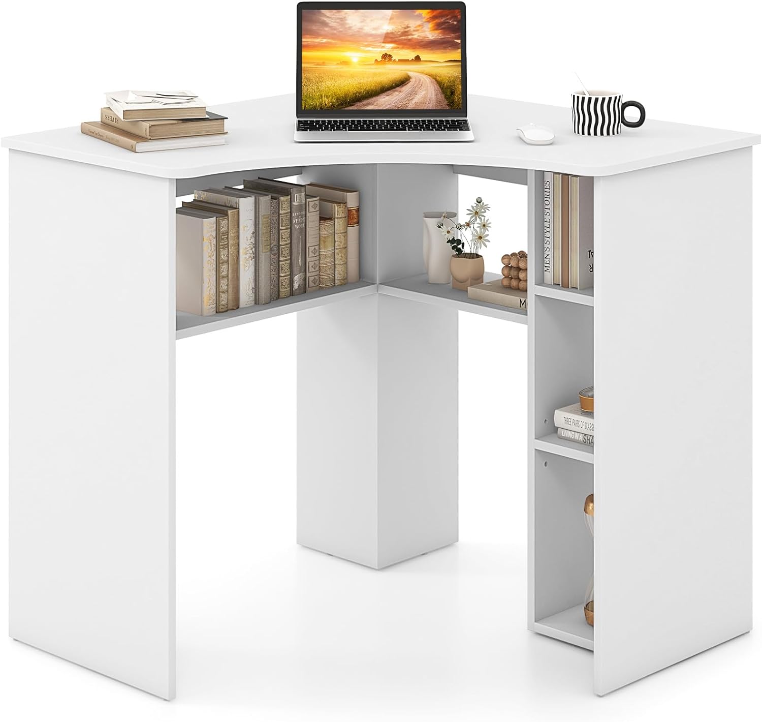 Tangkula Corner Desk with Storage Shelves, Space-Saving Triangle Study Writing Desk with Adjustable Shelves