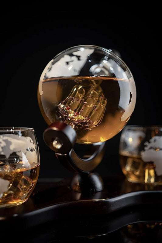 Whiskey Decanter Globe Set with 2 Etched Whiskey Glasses - 850ml