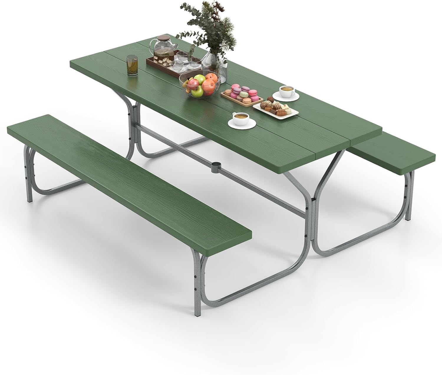 Tangkula 6 Ft Picnic Table, Outdoor Picnic Table with 2 Built-in Benches, Umbrella Hole, Metal Frame & HDPE Tabletop