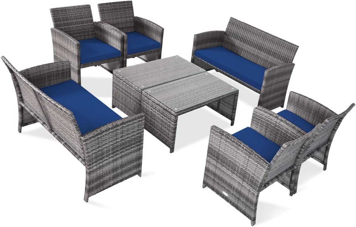 Tangkula 4 PCS Wicker Patio Conversation Set, Outdoor Rattan Sofas with Table Set