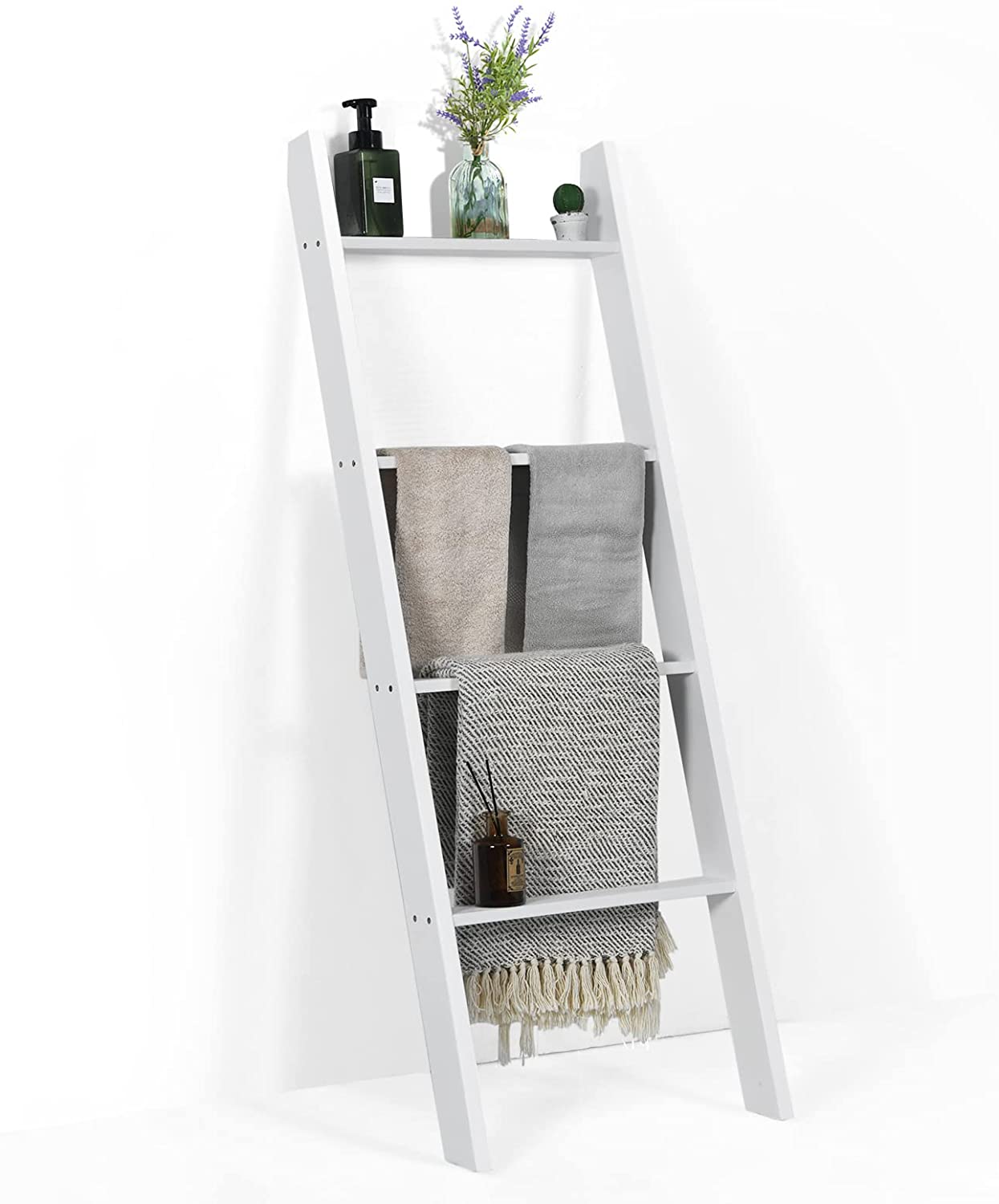 4-Tier Wooden Blanket Ladder, 4.5 ft Farmhouse Storage Rack