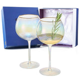 Iridescent Lustered Hammered Wine Glasses - Set of 2 - Gold Rim 20oz Colorful Balloon Stemmed Glassware - Festive Anniversaries, Birthday Gift, Cocktail Party Radiance - Unique Wine Barware