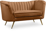 Margo Saddle Velvet Loveseat - Luxurious Plush Upholstery, Gold Legs, Modern Design for Your Home