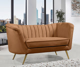 Margo Saddle Velvet Loveseat - Luxurious Plush Upholstery, Gold Legs, Modern Design for Your Home