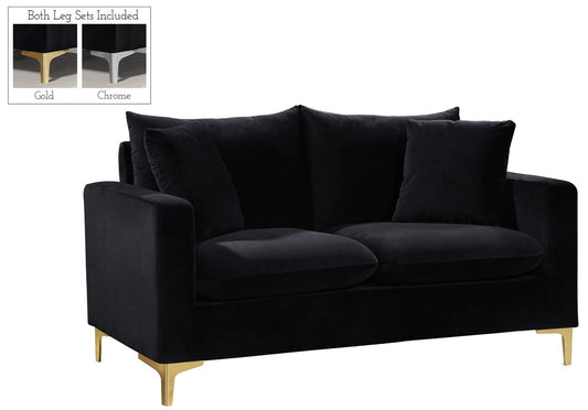 Naomi Contemporary Loveseat with Plush Velvet Comfort and Customizable Gold & Chrome Legs for Style
