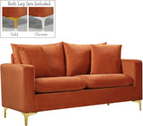 Naomi Contemporary Loveseat with Plush Velvet Comfort and Customizable Gold & Chrome Legs for Style