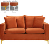 Naomi Contemporary Loveseat with Plush Velvet Comfort and Customizable Gold & Chrome Legs for Style