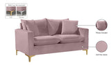 Naomi Contemporary Loveseat with Plush Velvet Comfort and Customizable Gold & Chrome Legs for Style