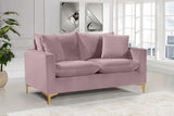 Naomi Contemporary Loveseat with Plush Velvet Comfort and Customizable Gold & Chrome Legs for Style