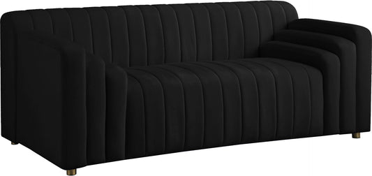 Naya Contemporary Loveseat with Deep Channel Tufting and Gold Metal Legs for Modern Living Spaces