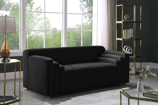 Naya Contemporary Loveseat with Deep Channel Tufting and Gold Metal Legs for Modern Living Spaces