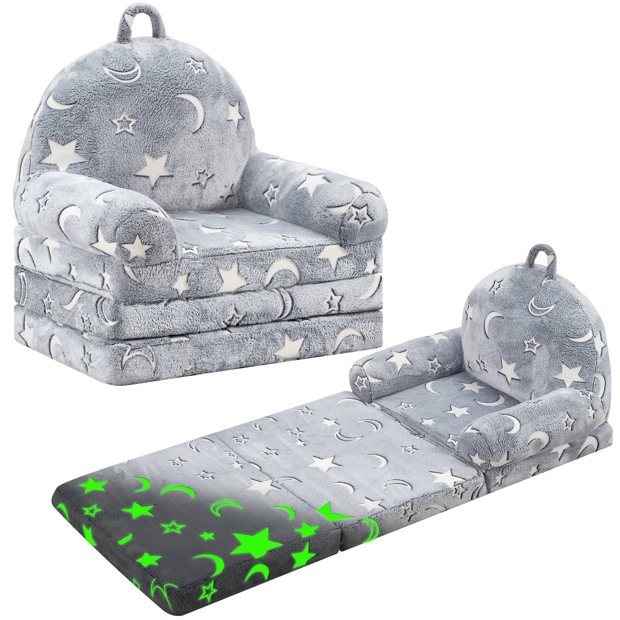 MAXYOYO Foldable Kids Sofa, Shiny Children Couch Backrest Armchair Bed with Pocket, Moon andStar Pattern