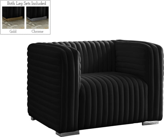 Ravish Contemporary Chair with Deep Channel Tufting and Gold & Chrome Legs for Modern Living Spaces