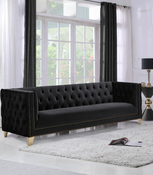 Michelle Velvet Sofa with Gold Nailhead Trim and Iron Legs - Glamorous Contemporary Design