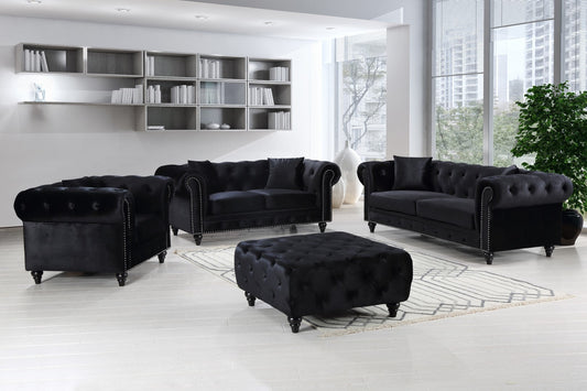 Chesterfield Velvet Ottoman - Luxurious Black Seat with Silver Nailheads, Stylish Tufted Design & Comfort