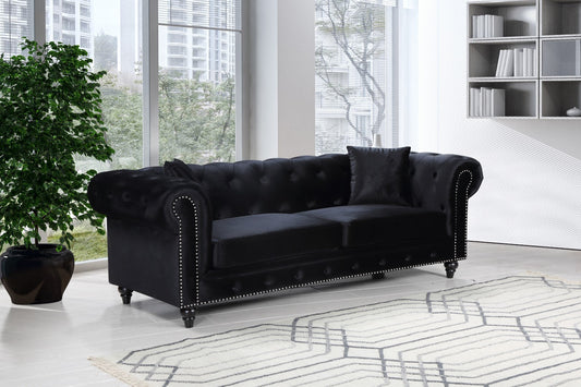 Chesterfield Elegant Black Velvet Contemporary Sofa with Silver Nailheads & Plush Throw Pillows