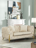 KingdomVelvet Chic Contemporary Loveseat with Deep Button Tufting and Stylish Gold Metal Legs