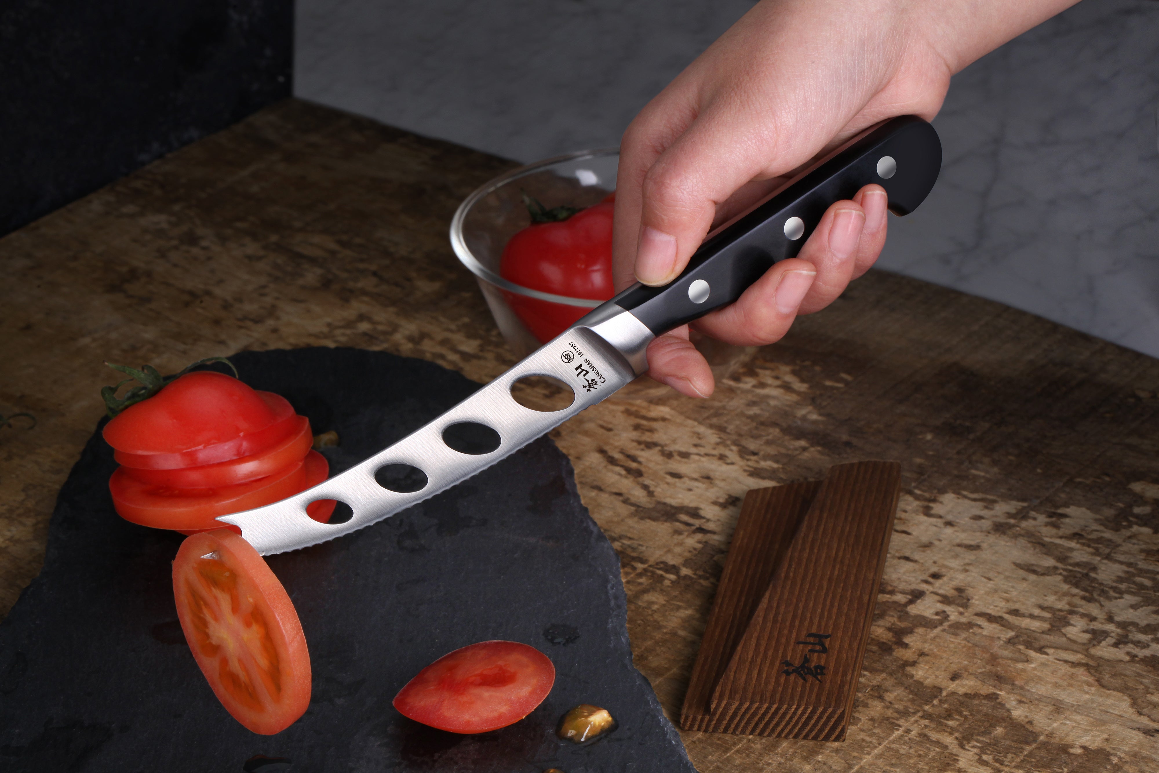 TV2 Series 5-Inch Tomato/Cheese Knife with Wood Sheath, Forged Swedish 14C28N Steel, 1022964