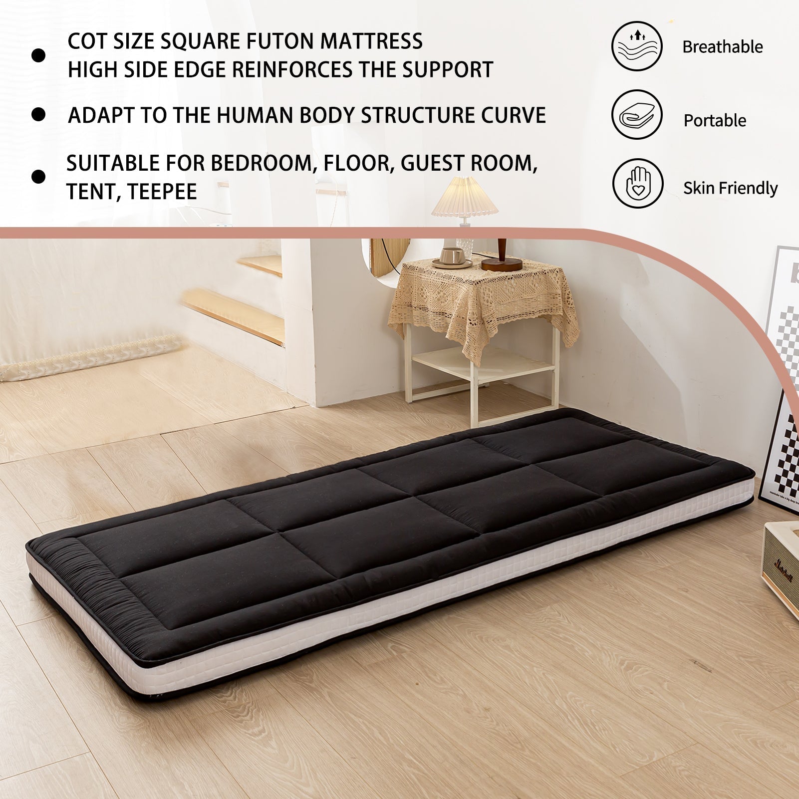 MAXYOYO Padded Japanese Floor Mattress, Black Foldable Roll Up Futon Mattress